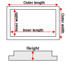 Detalii dimensiuni capac dreptunghiular din alumină (cataramă interioară).